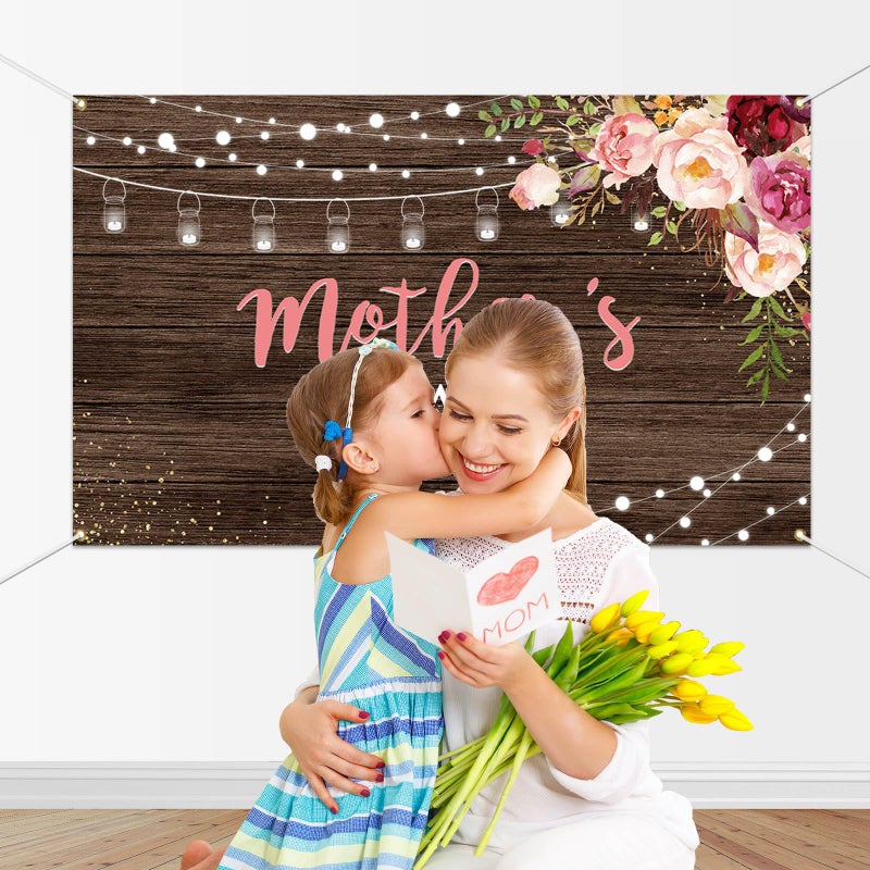 Mocsicka Mother's Day Backdrop Banner Thanks Mother Mom's Day Party Banner Rustic Wood Floral Mother's Day Background Mother's Gift Wall Decoration Banner - Image 2